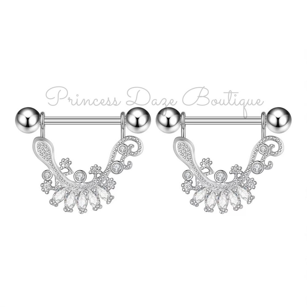 Silver Filigree Cubic Zirconia‎ Nipple Ring Barbell Set Body Jewelry